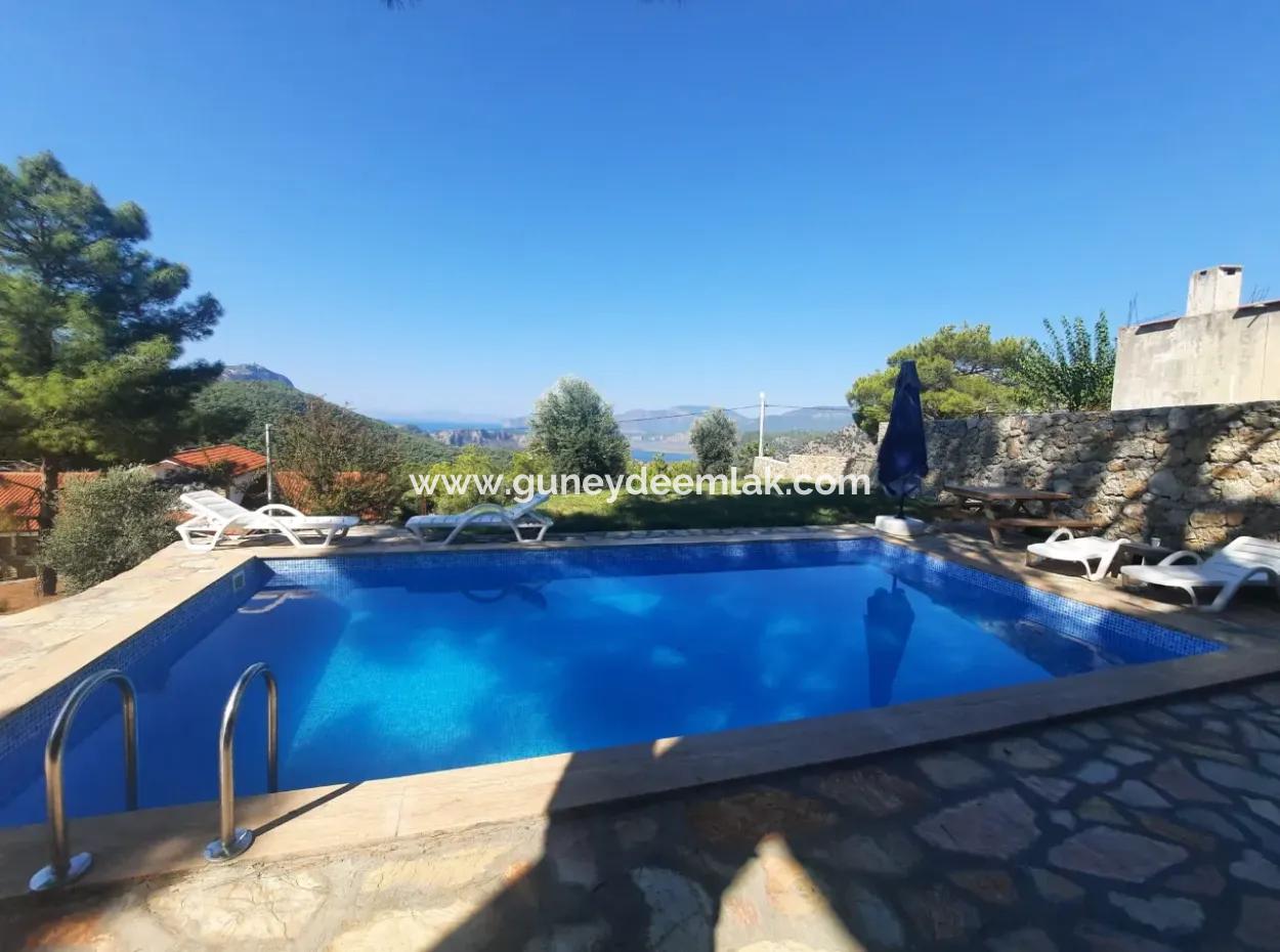 Muğla Dalyan Gökbelde Sea View, Swimming Pool, 1800 M2 Land 2 1 Furnished Stone House For Sale