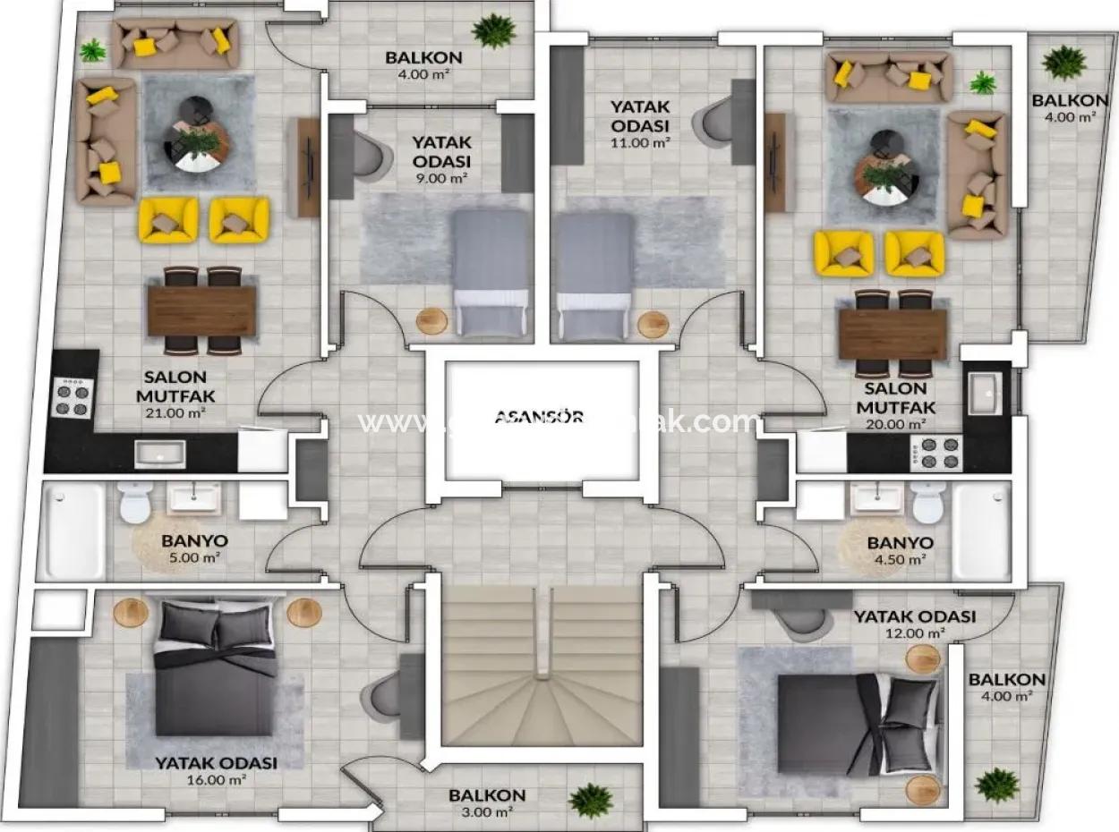 Muğla Ortacada Dalyan Yoluna Cepheli 2+1 Sıfır Daireler Satılık